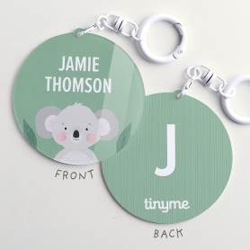 Acrylic bag tag showing both the front and back double-sided designs.